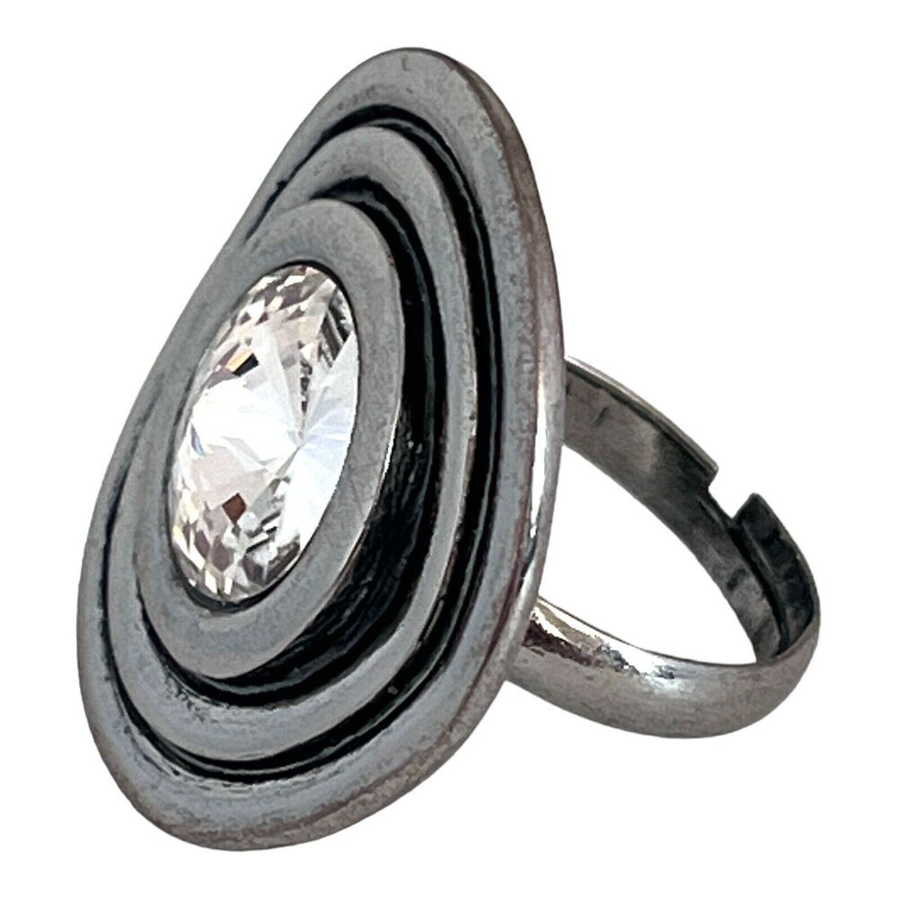 New Rivoli Crystal Statement Ring Size 5 Black Enamel Silver Tone - 5Z